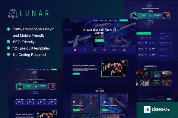 Lunar - Esports & Gaming Elementor Template Kit best esports gaming Elementor template kit download