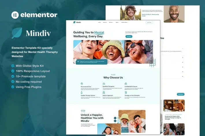 Mindiv - Mental Health Therapy Elementor Template Kit best mental health Elementor template kit instant download