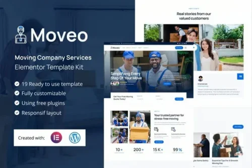 Moveo Elementor template kit for moving companies download