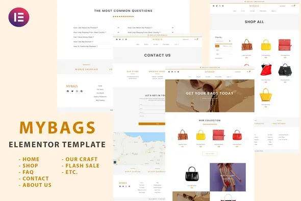 Mybags - Modern Commerce Elementor Template Kit best Mybags Elementor template kit for bag shop instant download