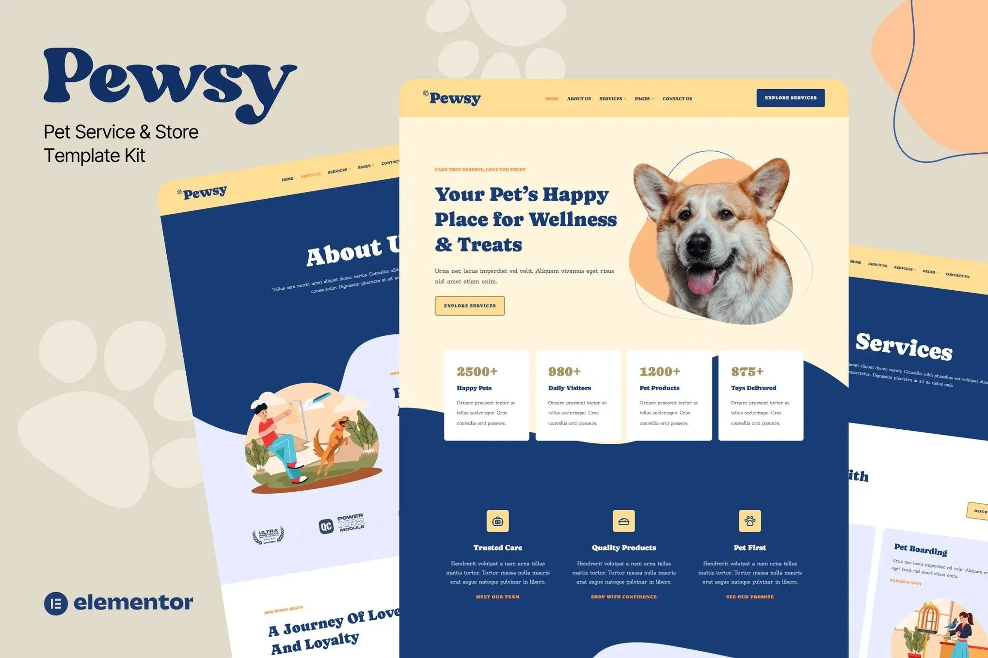 Pewsy - Pet Service & Store Elementor Template Kit best pet service Elementor template kit download