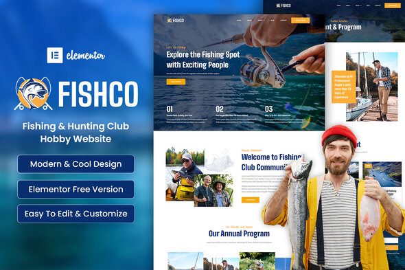 Fishco - Fishing & Hunting Club Elementor Template Kit best fishing club Elementor template kit instant download