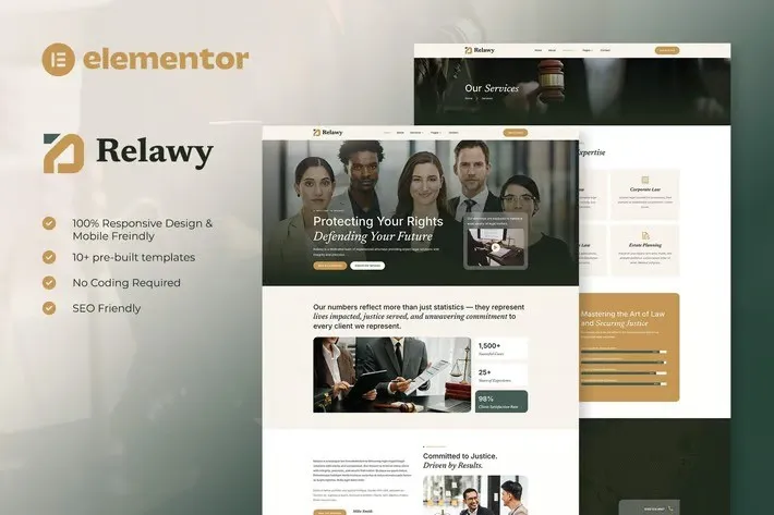 Relawy - Law Firm & Attorney Elementor Template Kit Professional law firm website template for Elementor with attorney profiles and practice areas