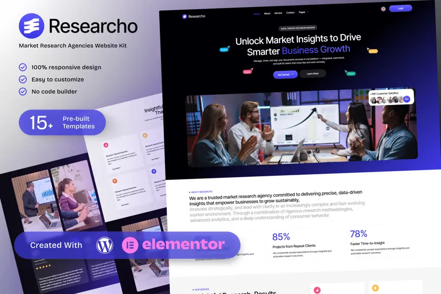 Researcho – Market Research Agencies Elementor Template Kit best market research agency template kit download