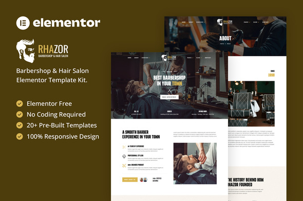 Rhazor - Barbershop & Hair Salon Elementor Template Kit best Rhazor barbershop Elementor template kit instant download