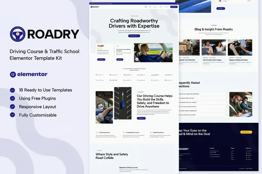 Roadry - Driving Course & Traffic School Elementor Template Kit best driving school Elementor template kit for traffic school websites