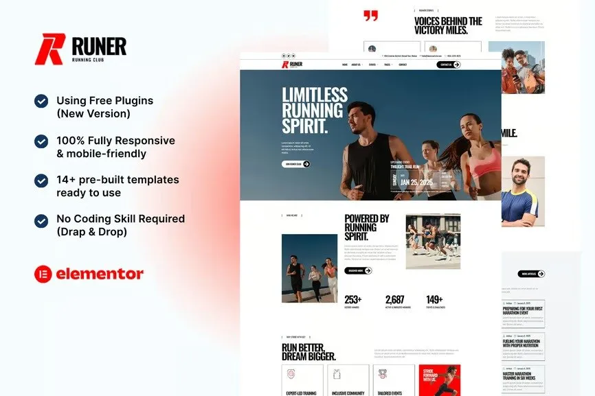 Runer - Running Club, Marathon & Sports Events Elementor Template Kit best running club website template instant download