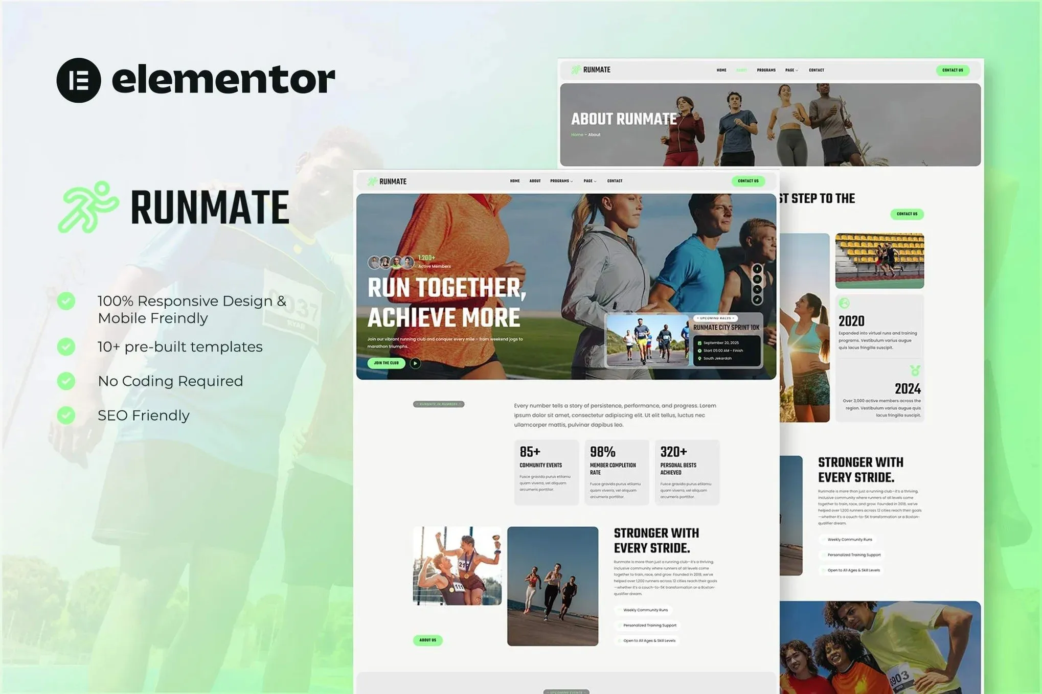 Runmate - Marathon Running Club & Sport Elementor Template Kit best Elementor running club template instant download