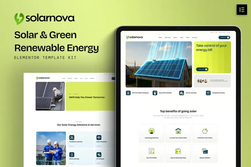 Solarnova - Solar & Green Renewable Energy Elementor Template Kit best solar energy website template Elementor kit download