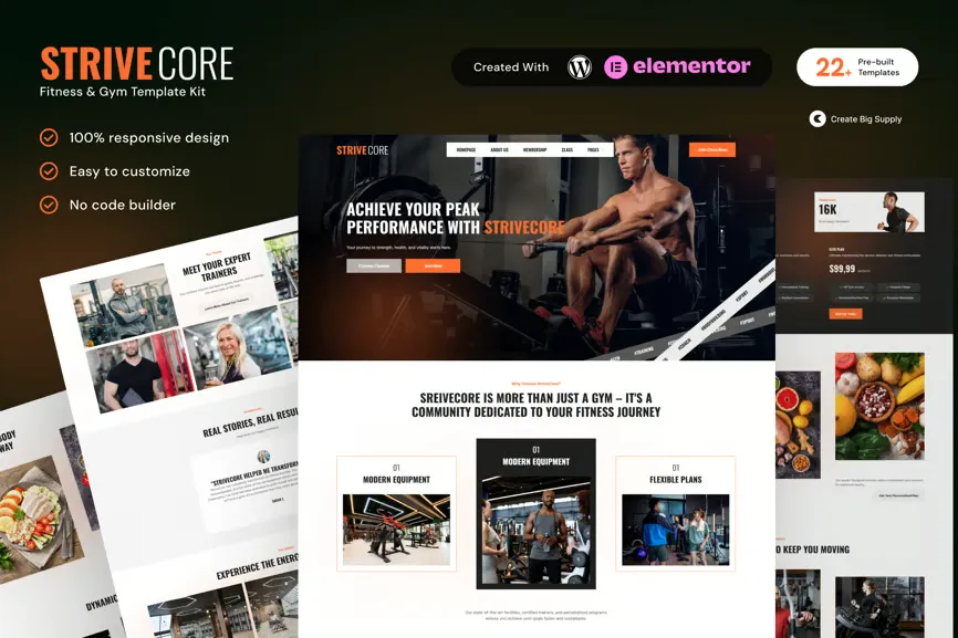StriveCore Fitness & Gym Elementor Template Kit for Workout Studios, Personal Trainers, Health Clubs best fitness gym Elementor template kit instant download