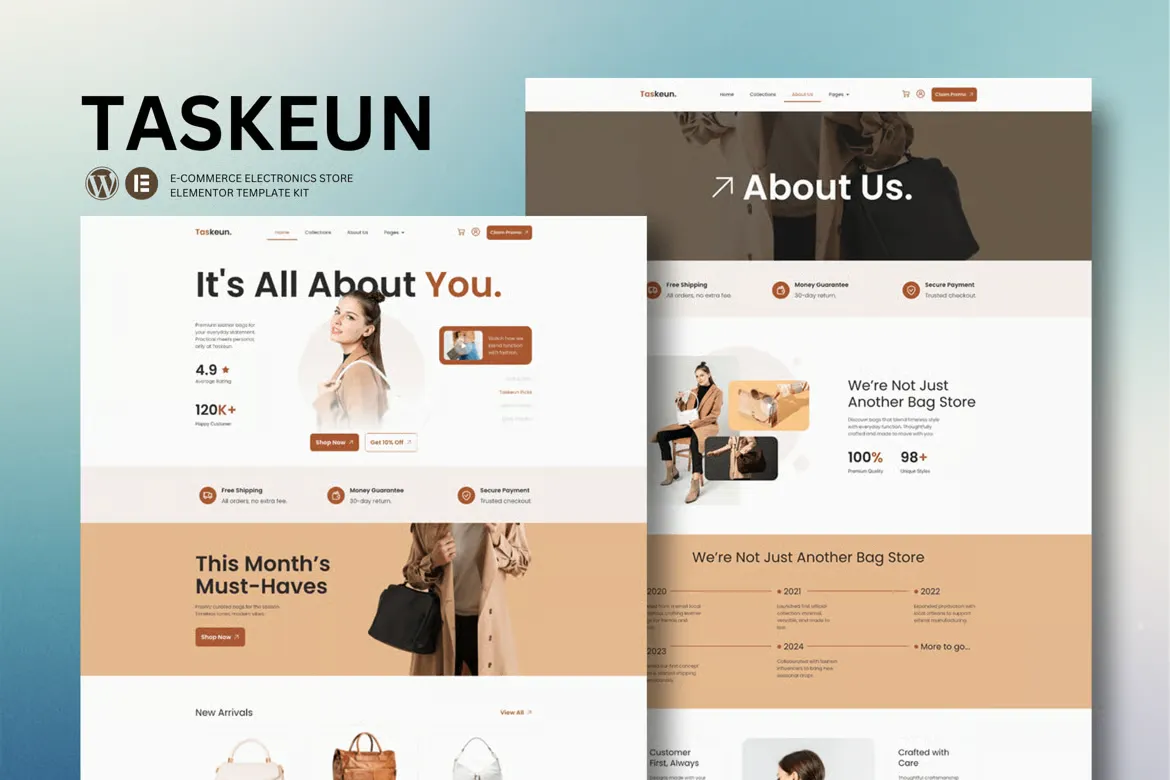 Taskeun - E-Commerce Bag Store Elementor Template Kit best bag store Elementor template instant download
