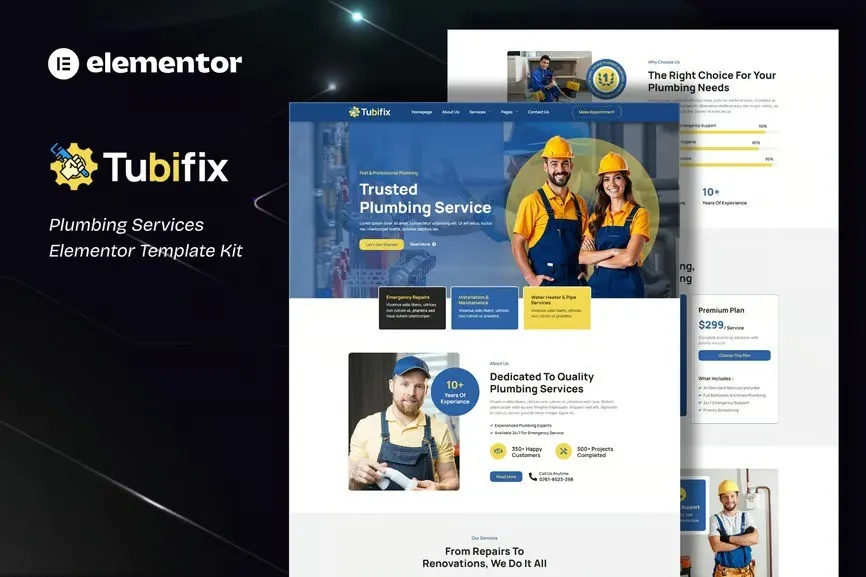 Tubifix – Plumbing Services Elementor Template Kit best Elementor plumbing template kit instant download