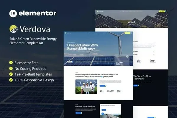 Verdova - Solar & Green Renewable Energy Elementor Template Kit best Verdova solar energy website template download