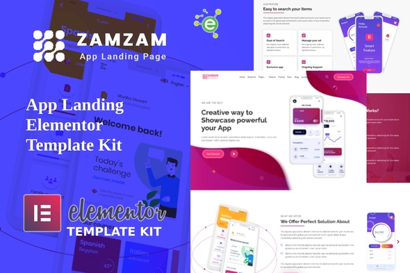 Zamzam - App Landing Elementor Template Kit best app landing page Elementor template kit instant download