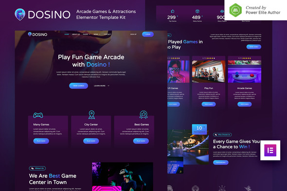 Dosino – Arcade Games & Attractions Elementor Template Kit best Dosino arcade Elementor template kit instant download