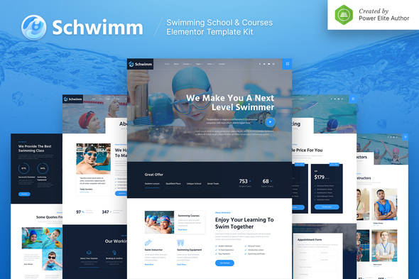 Schwimm – Swimming School & Course Elementor Template Kit best swimming school Elementor template instant download