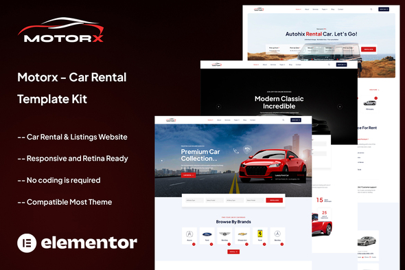 Motorx - Car Rental Elementor Template Kit best car rental Elementor template kit instant download