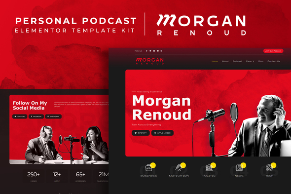 Morgan Renoud - Personal Podcast Elementor Template Kit best personal podcast website template for Elementor download