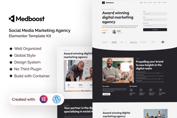 Medboost - Social Media Marketing Agency Elementor Template Kit best Medboost social media agency template kit download