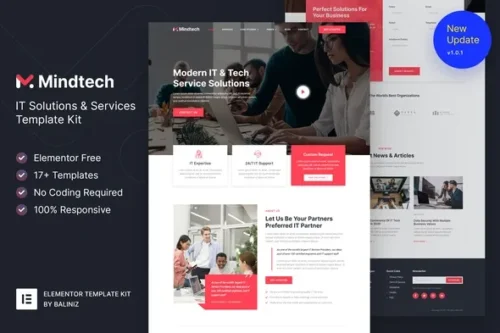 IT solutions Elementor template kit showing a modern tech business website design