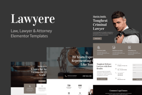 Lawyere Elementor template kit for professional law firm websites