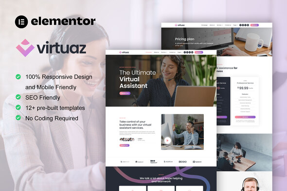 Virtuaz - Virtual Assistant Business Elementor Template Kit best virtual assistant website template Elementor kit download