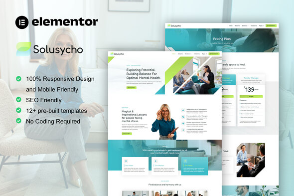 Solusycho - Psychology & Mental Health Elementor Template Kit Psychology Elementor template kit for therapists and mental health professionals