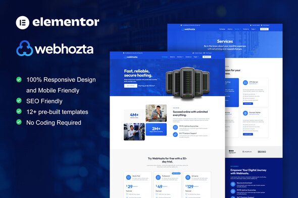 WebHozta - Hosting Service Elementor Template Kit best hosting service Elementor template kit instant download