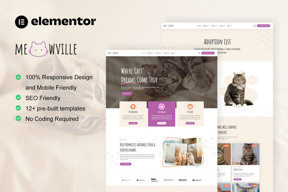 MeowVille - Animal Shelter & Cat Breeder Elementor Template Kit best MeowVille animal shelter Elementor template download