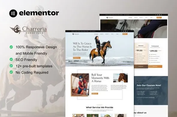 Charreria - Horse Riding Club Elementor Template Kit best horse club website template instant download