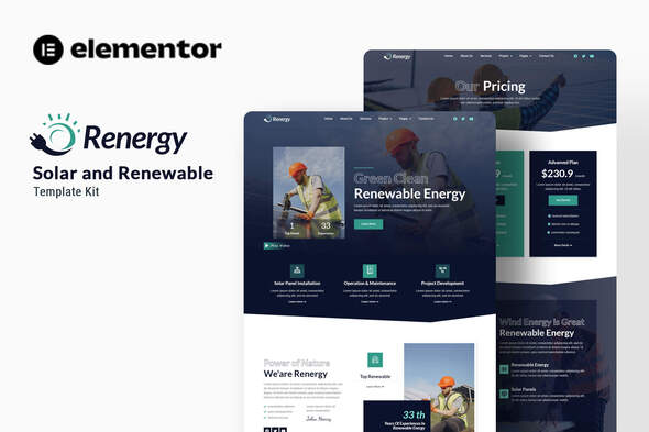 Renergy - Solar & Renewable Elementor Template Kit best solar energy website template instant download Elementor kit