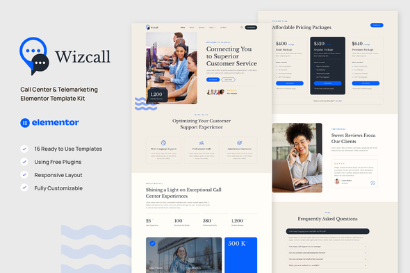Wizcall - Call Center & Telemarketing Elementor Template Kit best call center Elementor template kit instant download