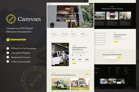 Camvan - Campervan & RV Rental Elementor Template Kit best campervan RV rental Elementor template instant download