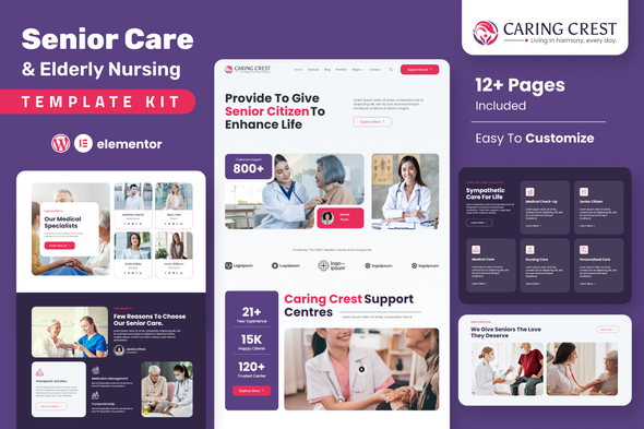 Caring Crest - Senior Care Services Elementor Template Kit best senior care website template download for Elementor