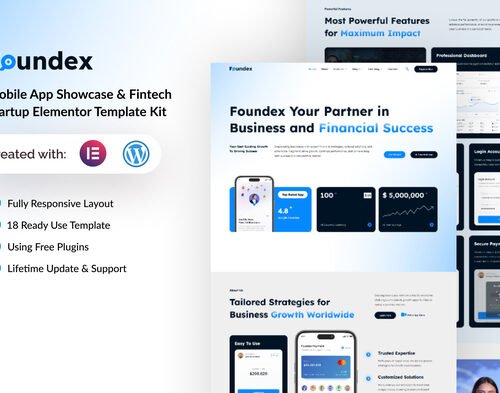 Foundex - Mobile App Showcase & Fintech Startup Elementor Template Kit