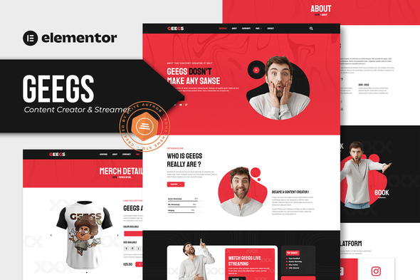 Geegs - Content Creator & Streamer Elementor Template Kit best streamer Elementor template kit instant download
