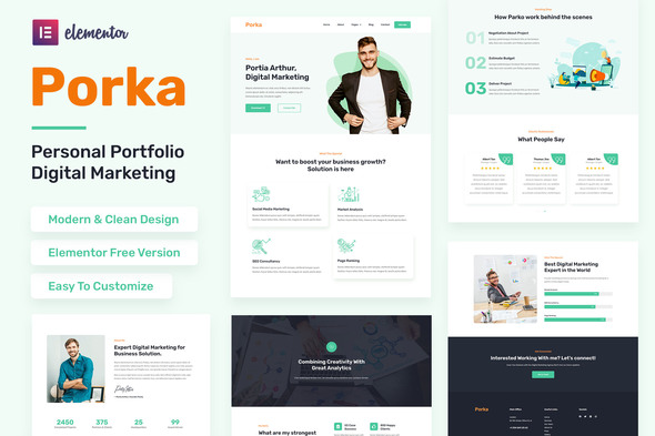 Porka - Digital Marketing Personal Portfolio Elementor Template Kit best digital marketing portfolio Elementor template instant download