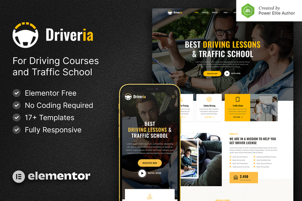 Driveria – Driving Course & Traffic School Elementor Template Kit best Elementor driving school template instant download