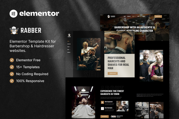 Rabber – Barbershop & Hairdresser Elementor Template Kit best Rabber barbershop Elementor template for professional hairdresser website download