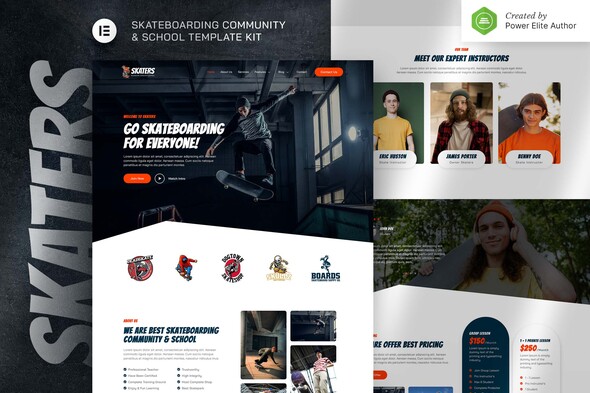 Skaters – Skateboarding Community & Club Elementor Template Kit best skateboarding Elementor template kit instant download