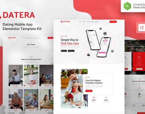 Datera – Online Dating Mobile App Landing Elementor Template Kit
