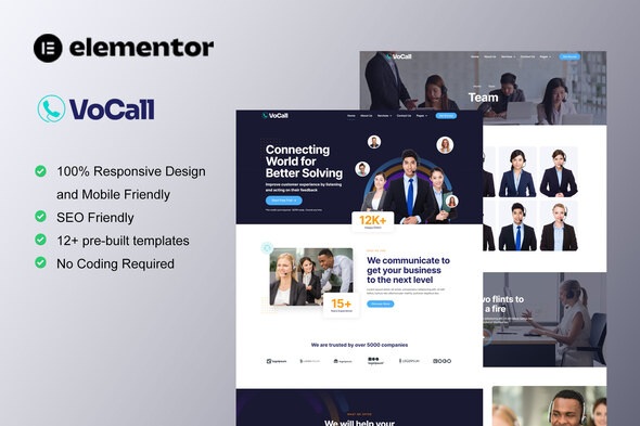 VoCall - Call Center & Telemarketing Elementor Template Kit best Elementor call center website template download
