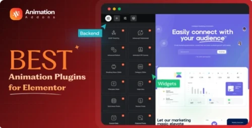 Screenshot of Elementor Pro editor showing various animation addon settings and effects.