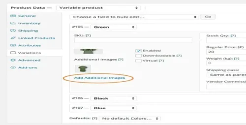 WooCommerce Additional Variation Images plugin interface showing multiple photo uploads for a product variation